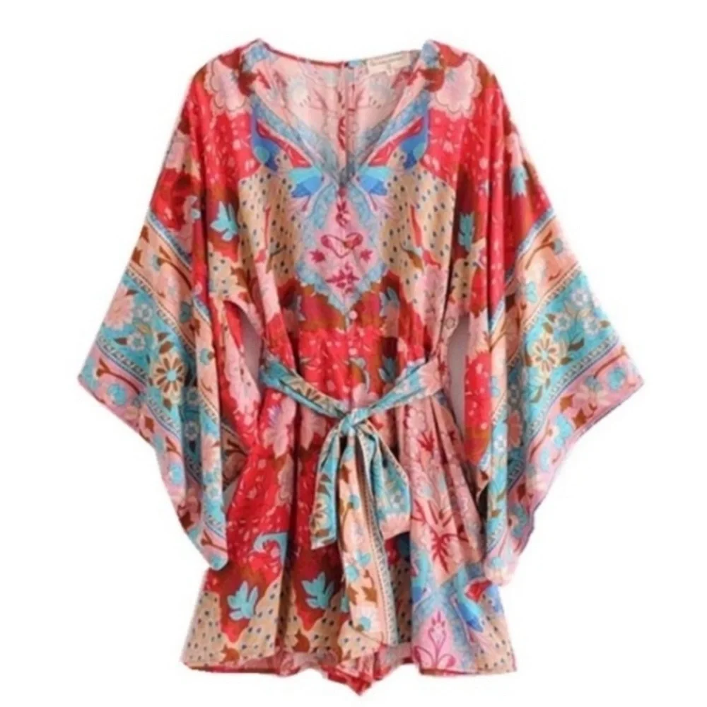 Spell Red Multicolor Floral Boho Short Jumpsuit - Picture 8 of 12